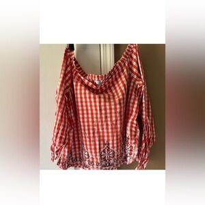 Crown & Ivy Red Checkered Blouse with Black Embroidery
